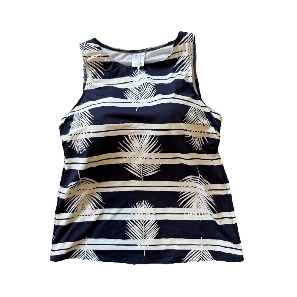 Lands End Womens High Neck Tankini Swim Top Sz 14 DD Navy Blue/White